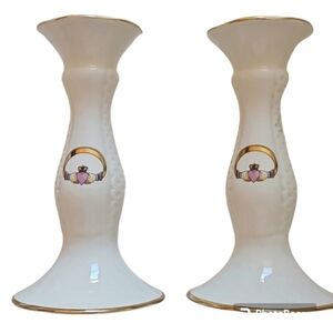 DONEGAL Parian China Vintage Tall Claddagh Candlesticks